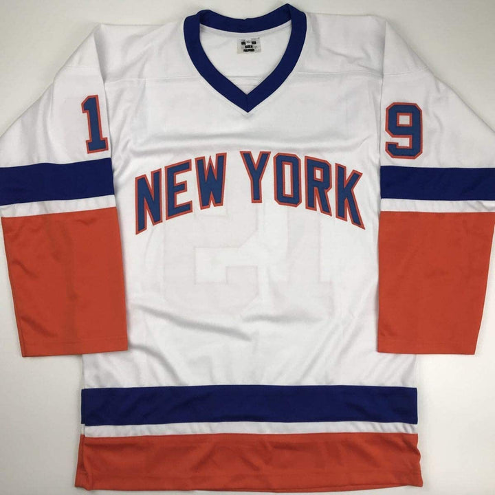 Autographed/Signed BRYAN TROTTIER HOF 97 New York White Hockey Jersey JSA COA