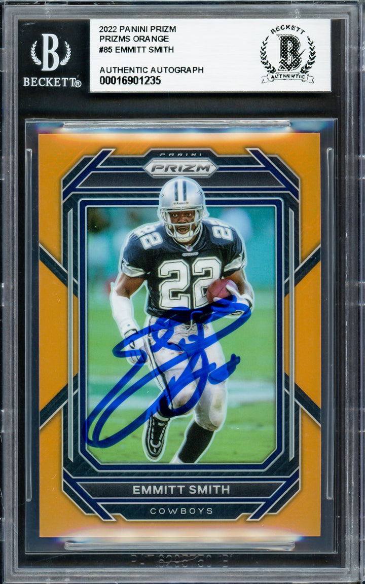 Emmitt Smith Auto 2022 Panini Prizm Prizms Orange Card 85 Cowboys 43/249 Beckett