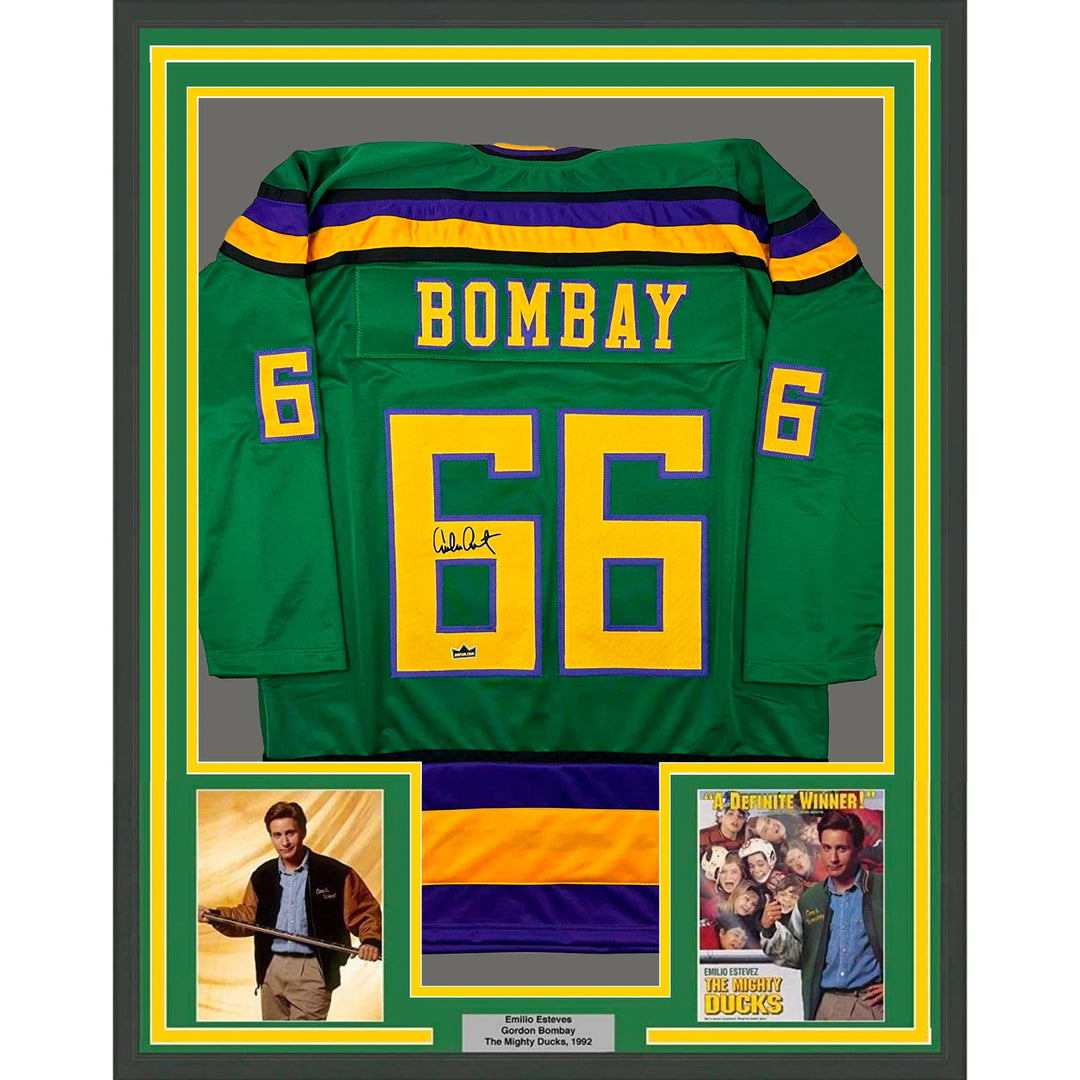Framed Facsimile Autographed Gordon Bombay 33x42 Green Reprint Laser Auto Jersey