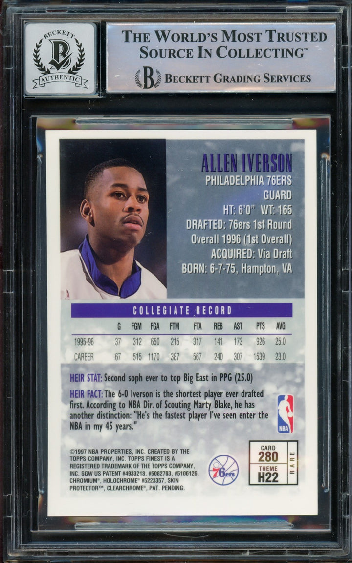 Allen Iverson Signed 1996-97 Topps Finest Gold RC 280 76ers Auto 10 Beckett