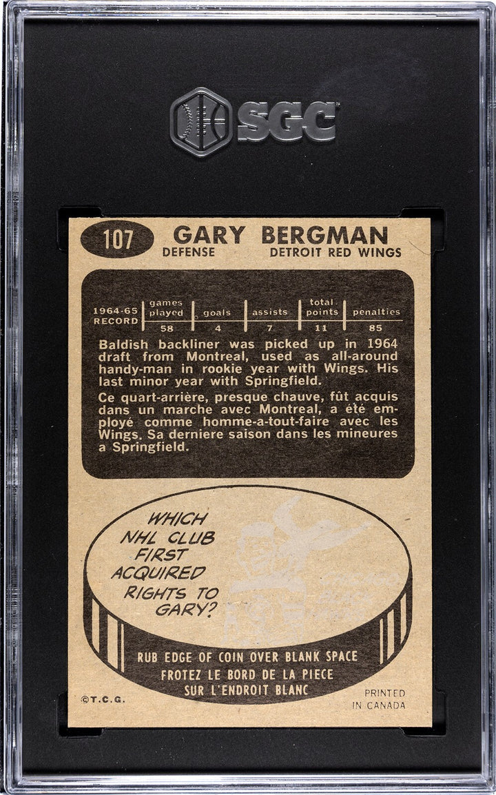 Gary Bergman 1965-66 Topps NHL Card #107- SGC Graded 7 NM (Detroit Red Wings)