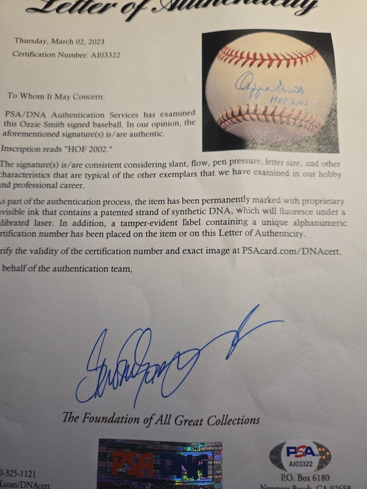 Ozzie Smith Steiner PSA DNA Loa National League ONL Signed Baseball HOF 2002