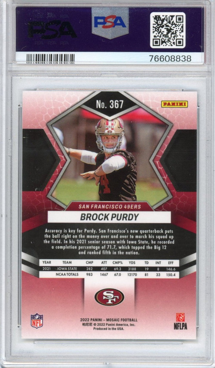Graded 2022 Panini Mosaic Brock Purdy #367 Rookie Football Card PSA 10 Gem Mint