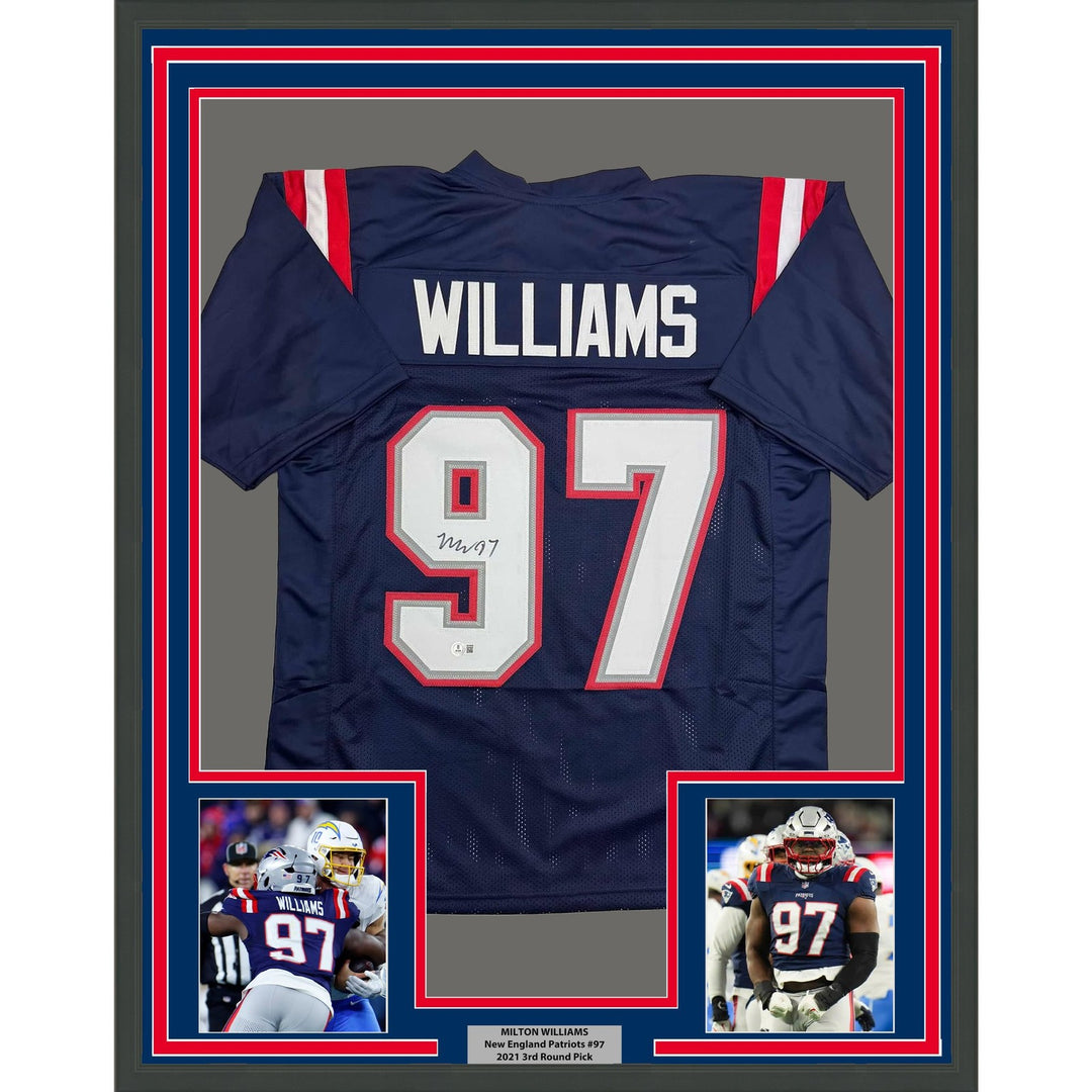 Framed Autographed/Signed Milton Williams 35x39 New England Blue Jersey COA