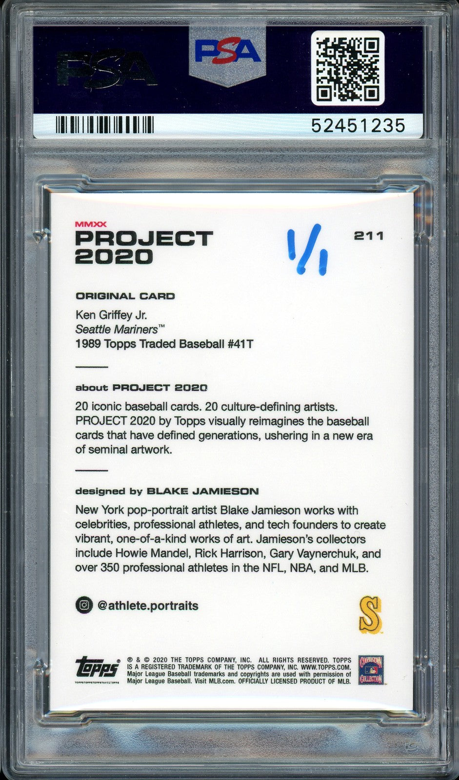 Ken Griffey Jr Auto Topps Project 2020 Blake Jamieson Card 211 13xAS 1/1 PSADNA