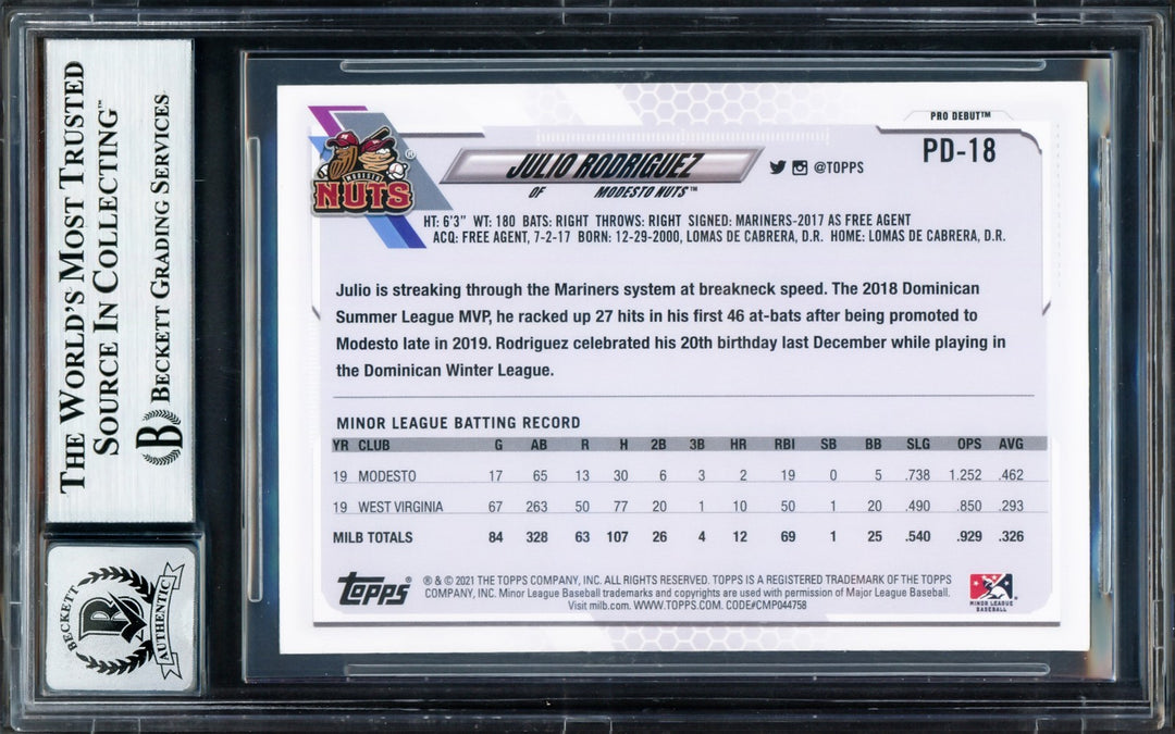 Julio Rodriguez Auto Signed 2021 Topps Pro Debut RC PD18 Mariners Sig 10 Beckett