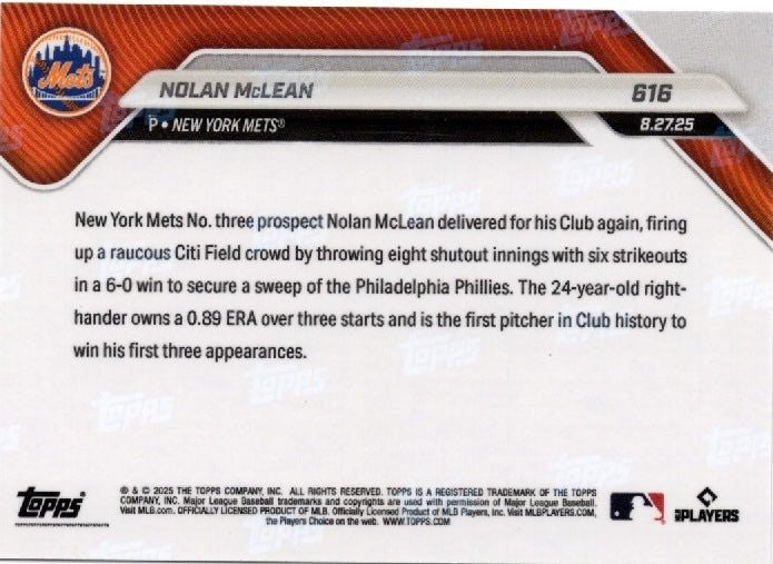 2025 Topps Now Nolan McLean #616 Gold Foil /50 New York Mets RC Card