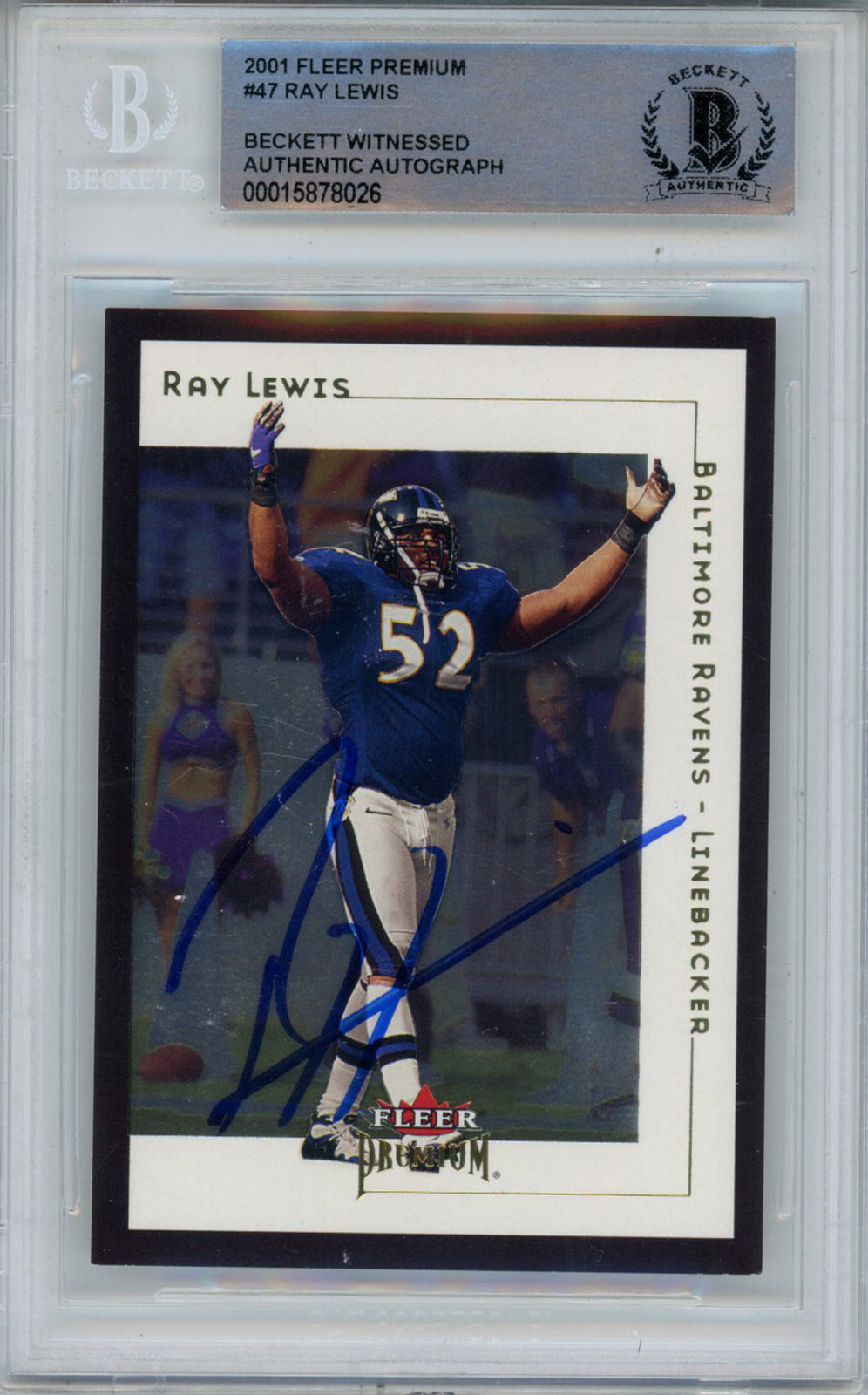 Ray Lewis Autographed 2001 Fleer Premium #47 Trading Card Beckett Slab 43368
