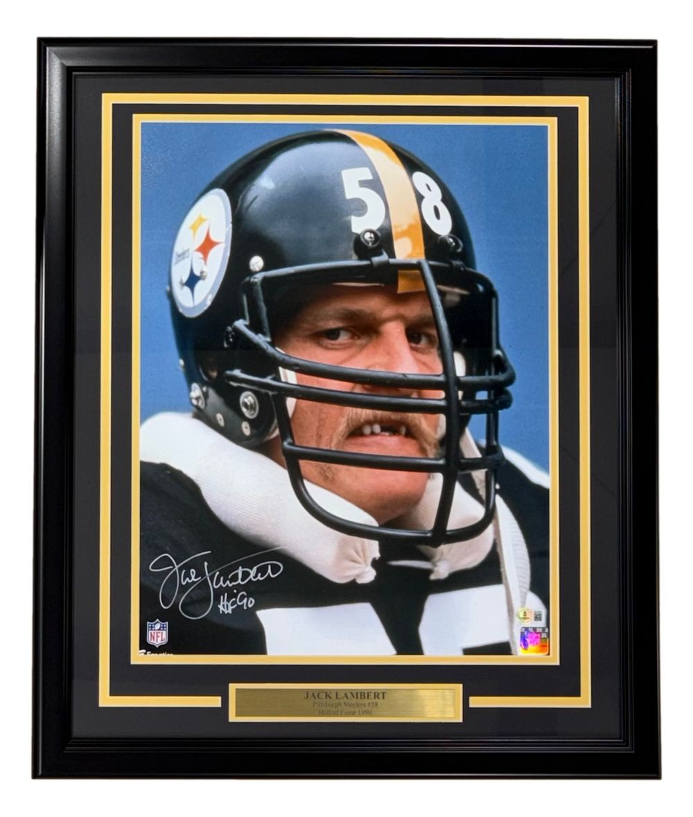 Jack Lambert Signed Framed 16x20 Pittsburgh Steelers Photo HOF 90 BAS