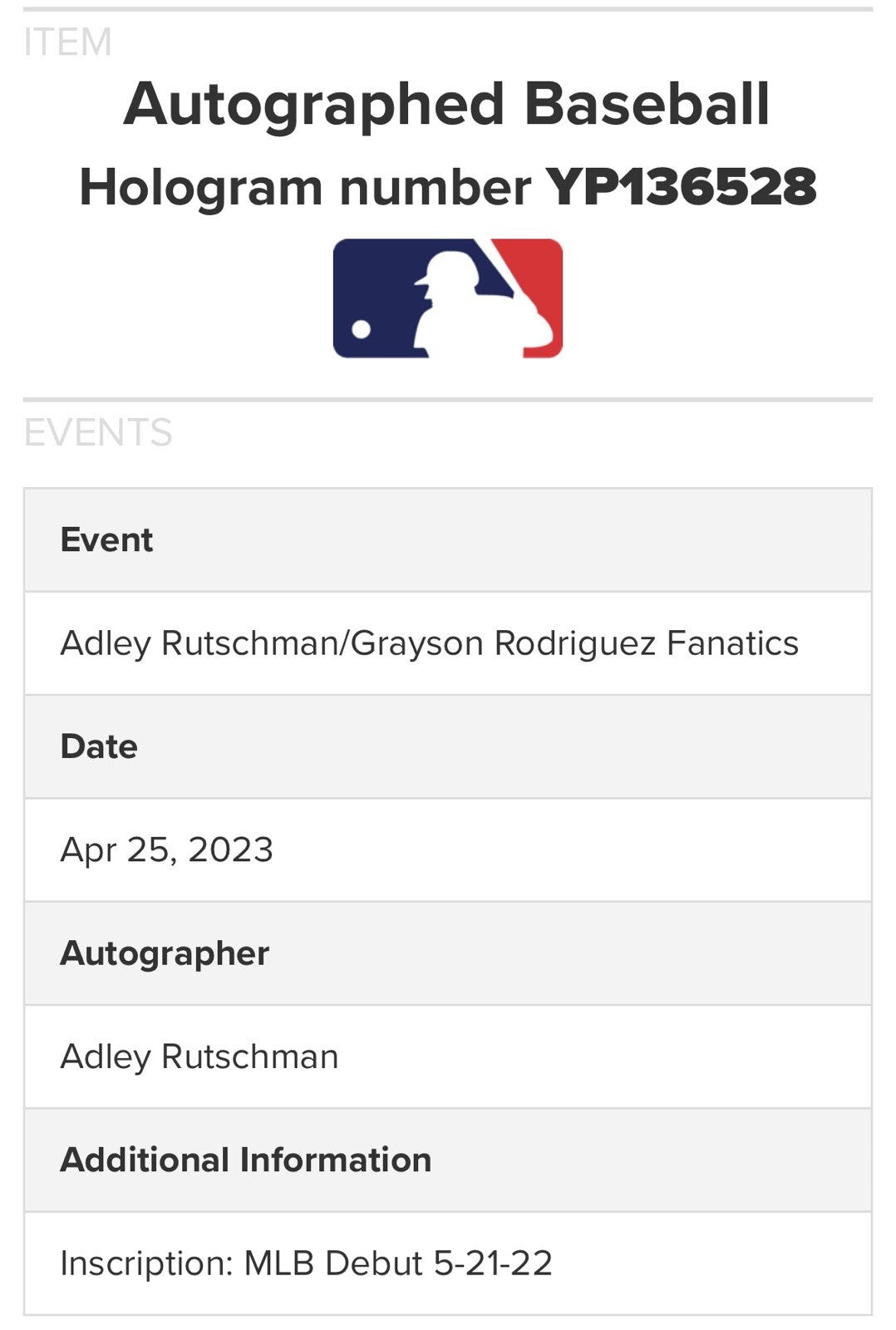 Adley Rutschman Signed Official MLB Debut Baseball Orioles Rookie Auto Fanatics