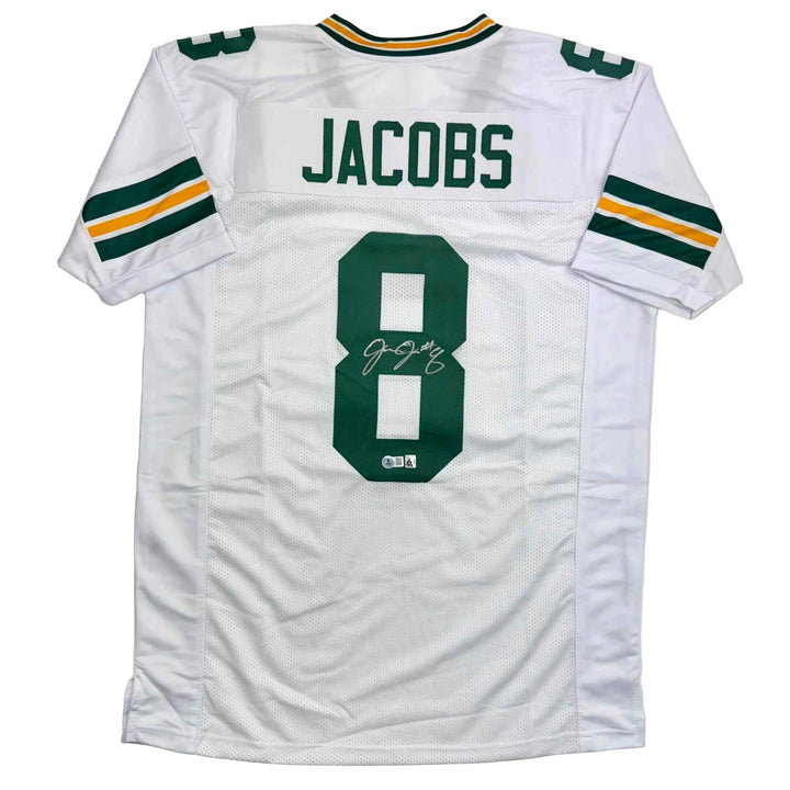 Autographed/Signed Josh Jacobs Green Bay White Football Jersey Beckett BAS COA
