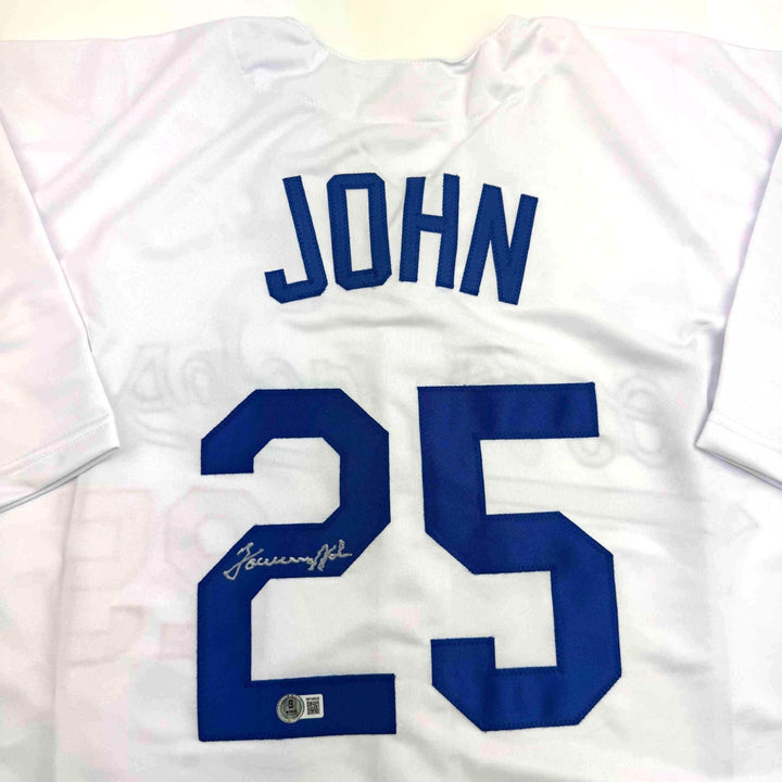 Autographed/Signed Tommy John Los Angeles White Baseball Jersey Beckett BAS COA
