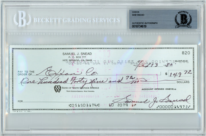 Sam Snead PGA/Golf 3x8 Bank Check Signed In Black Beckett BAS #0010734619