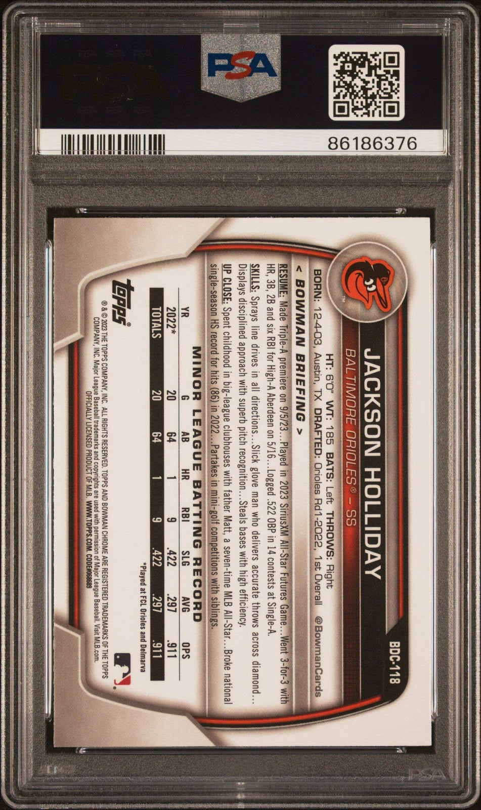 Graded 2023 Bowman Draft Jackson Holliday #BDC118 Chrome RC Baseball Card PSA 10