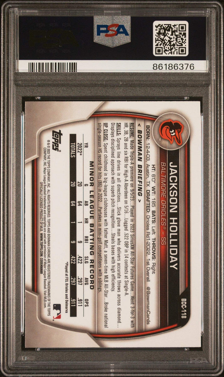 Graded 2023 Bowman Draft Jackson Holliday #BDC118 Chrome RC Baseball Card PSA 10