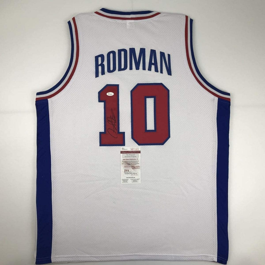 Autographed/Signed DENNIS RODMAN Detroit White Jersey JSA COA Auto