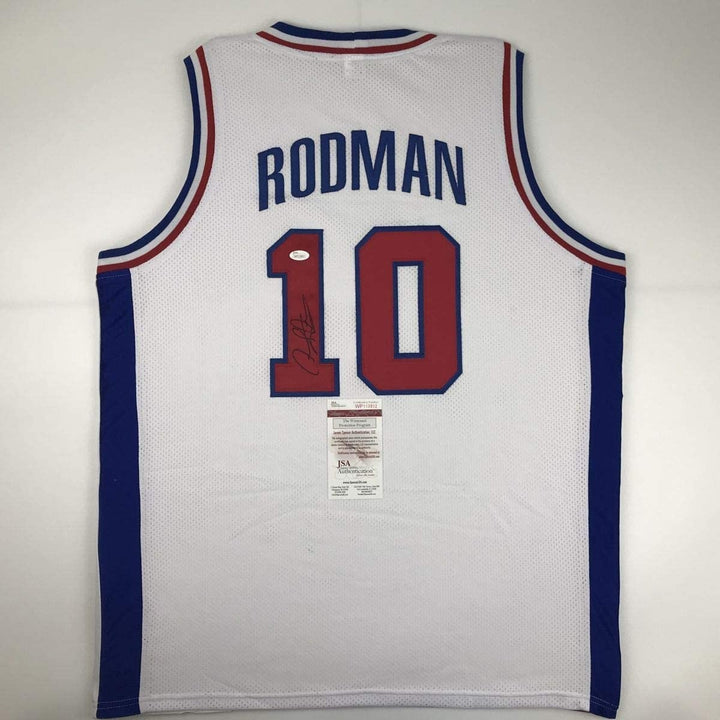 Autographed/Signed DENNIS RODMAN Detroit White Jersey JSA COA Auto