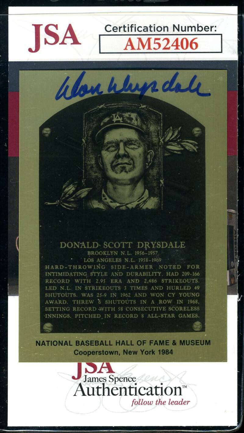 Don Drysdale JSA Coa Signed Metallic Hall of Fame Plaque Autograph