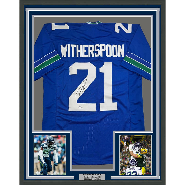 Framed Autographed/Signed Devon Witherspoon 35x39 Seattle Retro Jersey COA