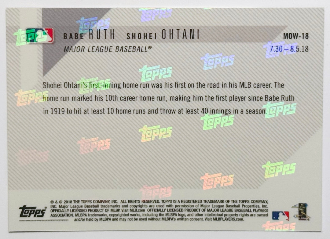 SHOHEI OHTANI 1st SINCE RUTH 10HR 40IP TOPPS NOW MOMENT OF THE WEEK CARD #MOW-18