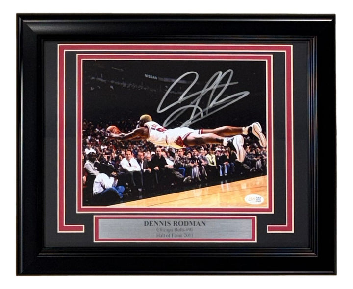 Dennis Rodman Signed Framed 8x10 Chicago Bulls Dive Photo JSA QR