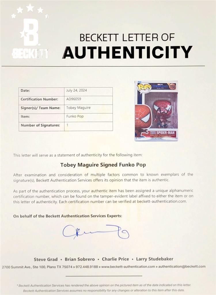 Tobey Maguire signed Spider-Man No Way Home Funko Pop 1158 autograph Beckett BAS