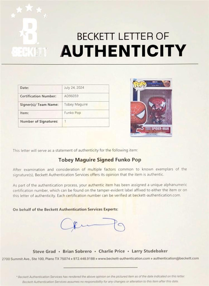 Tobey Maguire signed Spider-Man No Way Home Funko Pop 1158 autograph Beckett BAS