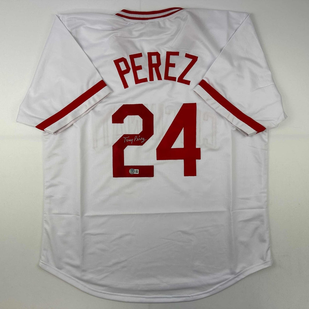 Autographed/Signed Tony Perez Cincinnati White Jersey Beckett BAS COA
