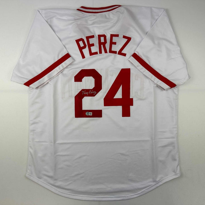 Autographed/Signed Tony Perez Cincinnati White Jersey Beckett BAS COA