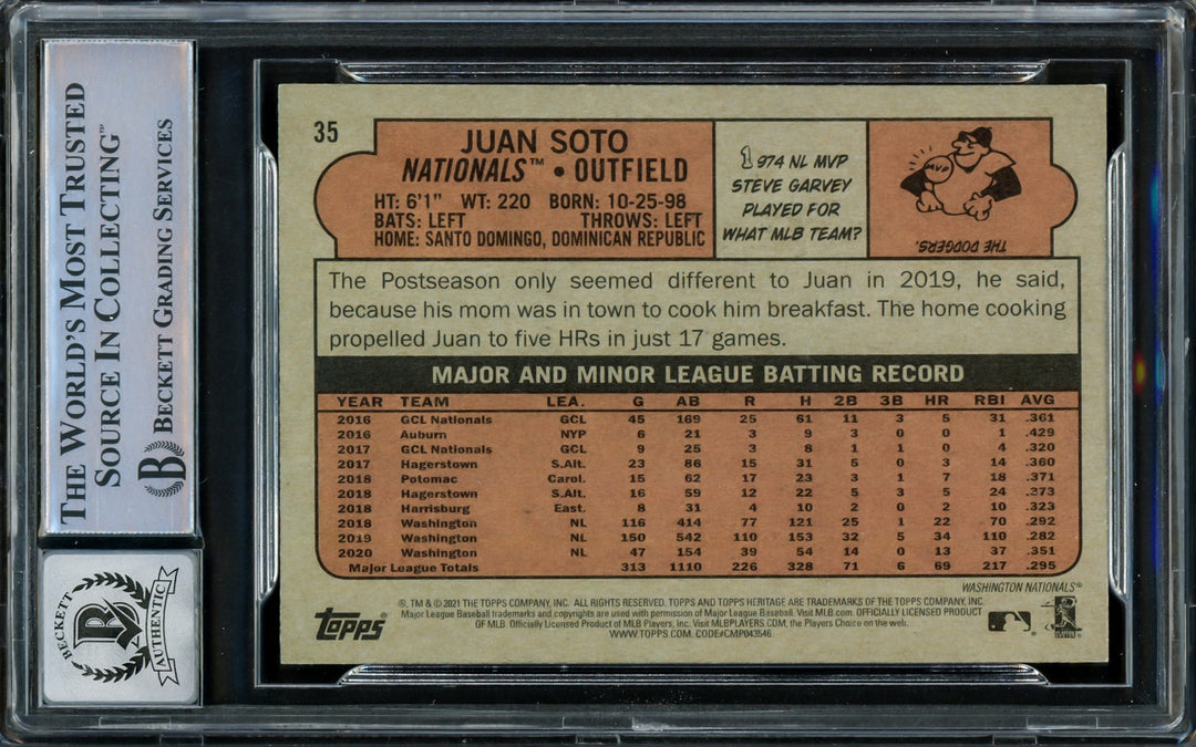Juan Soto Signed 2021 Topps Heritage Card 35 New York Mets Auto GM 10 Beckett