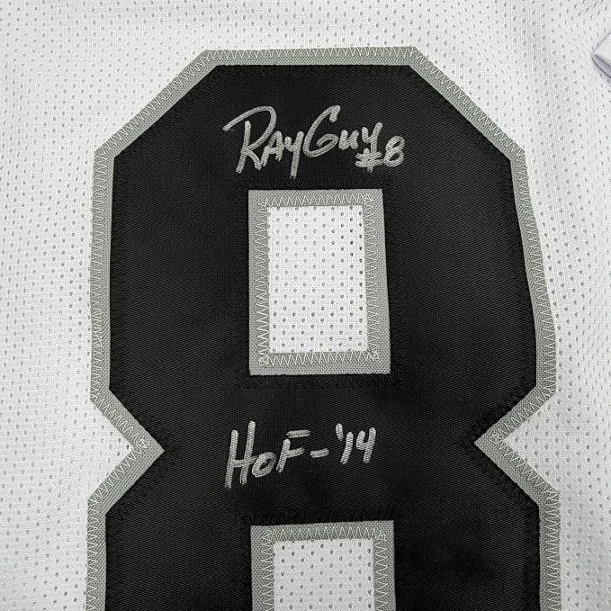 Framed Autographed Ray Guy HOF 35x39 Oakland LV White Football Jersey JSA COA