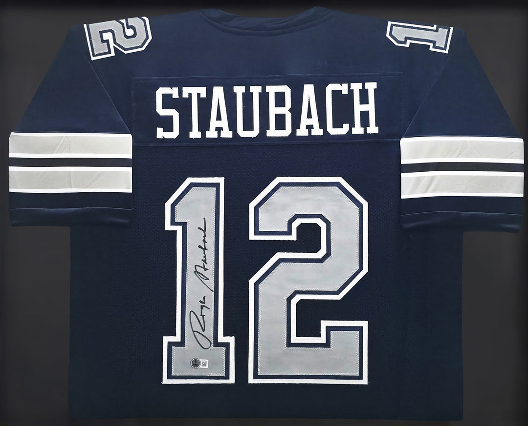 Dallas Cowboys Roger Staubach Signed Framed Navy Blue Jersey Beckett BAS Witness