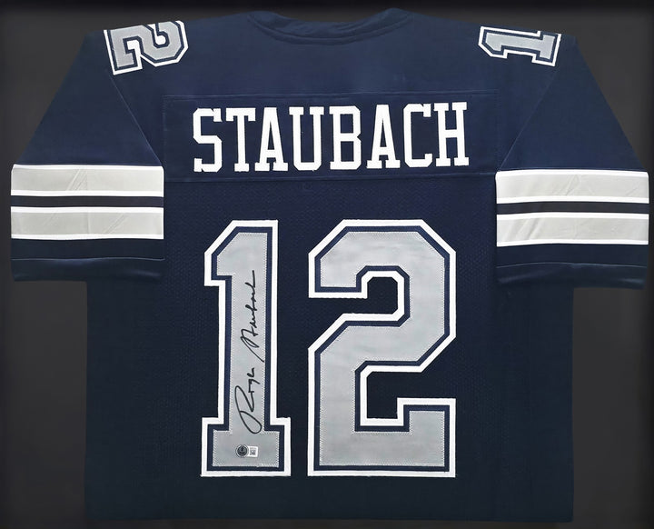 Dallas Cowboys Roger Staubach Signed Framed Navy Blue Jersey Beckett BAS Witness