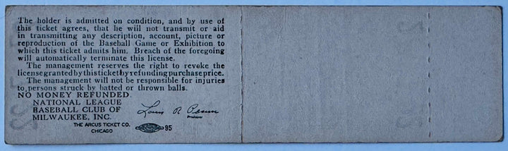 September 21 1956 Milwaukee Braves vs Chicago Cubs Full Ticket