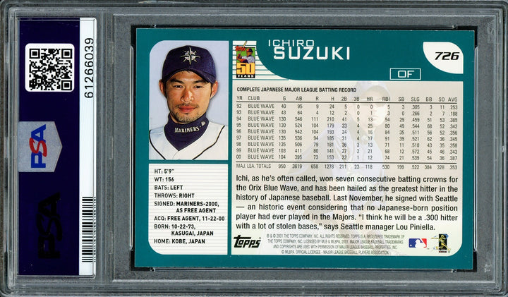 Ichiro Suzuki Signed 2001 Topps RC 726 Seattle Mariners PSA 8 PSA/DNA