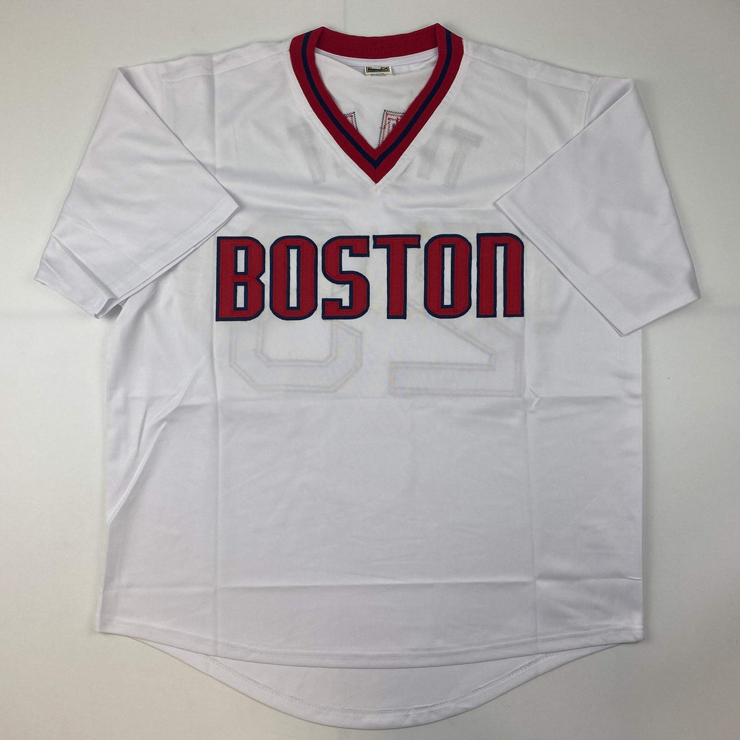 Autographed/Signed Luis Tiant Boston Red Sox White Baseball Jersey JSA COA