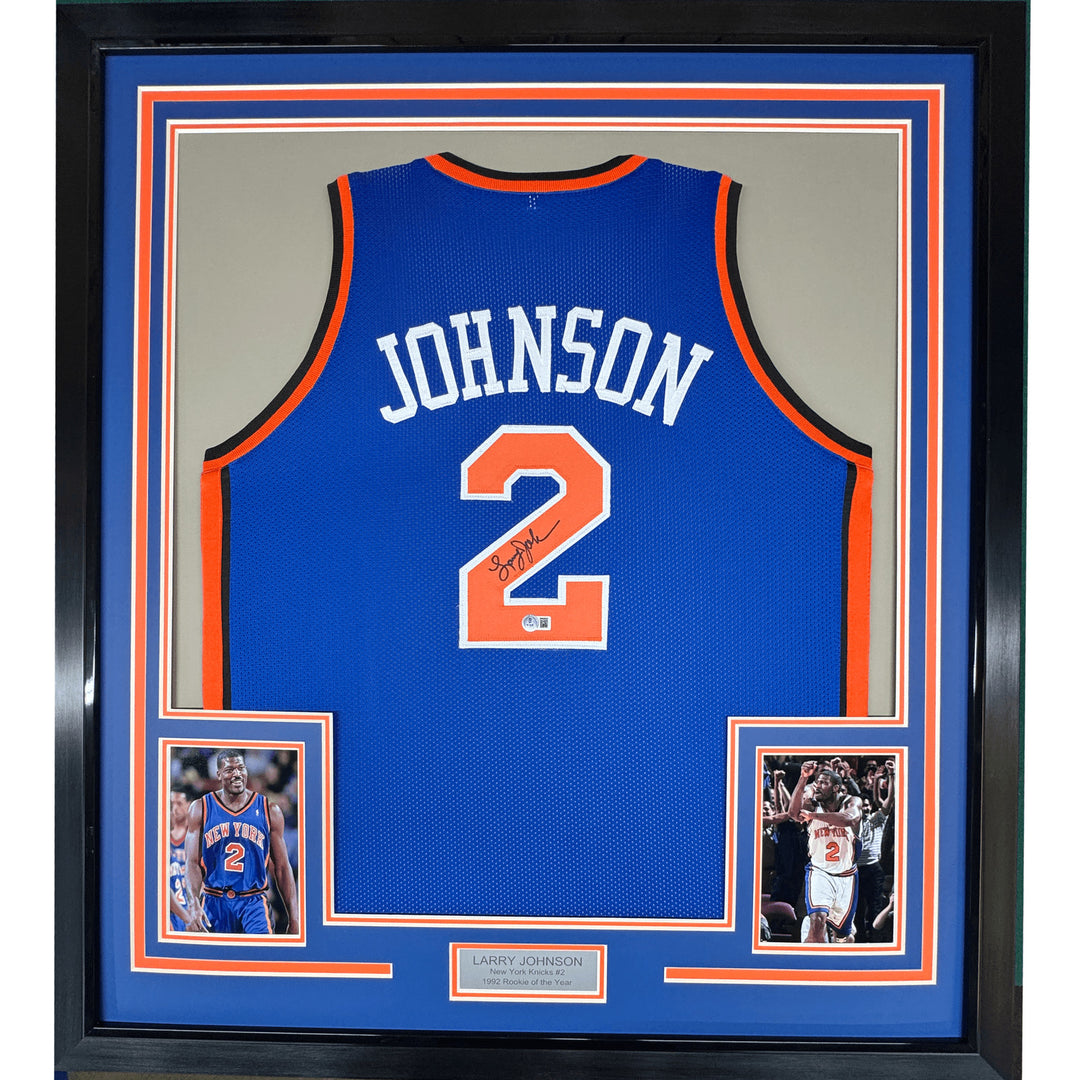 FRAMED Autographed/Signed LARRY JOHNSON 35x39 New York Blue Jersey PSA COA