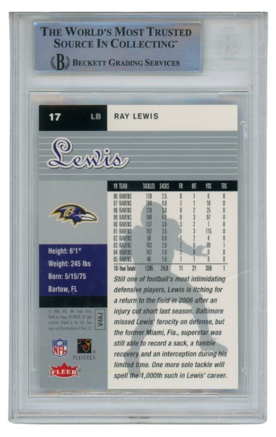 Ray Lewis Autographed/Signed 2006 Fleer Ultra 17 Trading Card Slab Beckett 52675