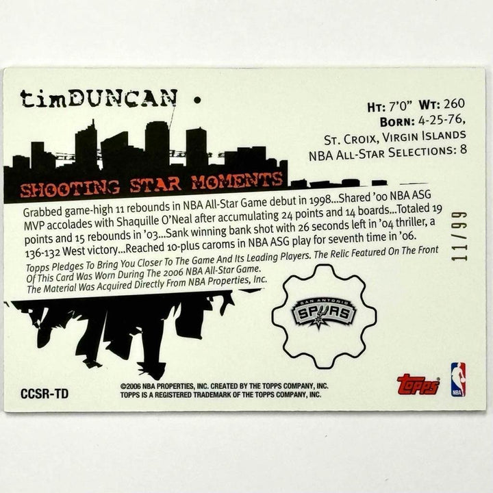 2006-07 Topps Tim Duncan HOF Clutch City 06 All-Star Game used Jersey relic /99