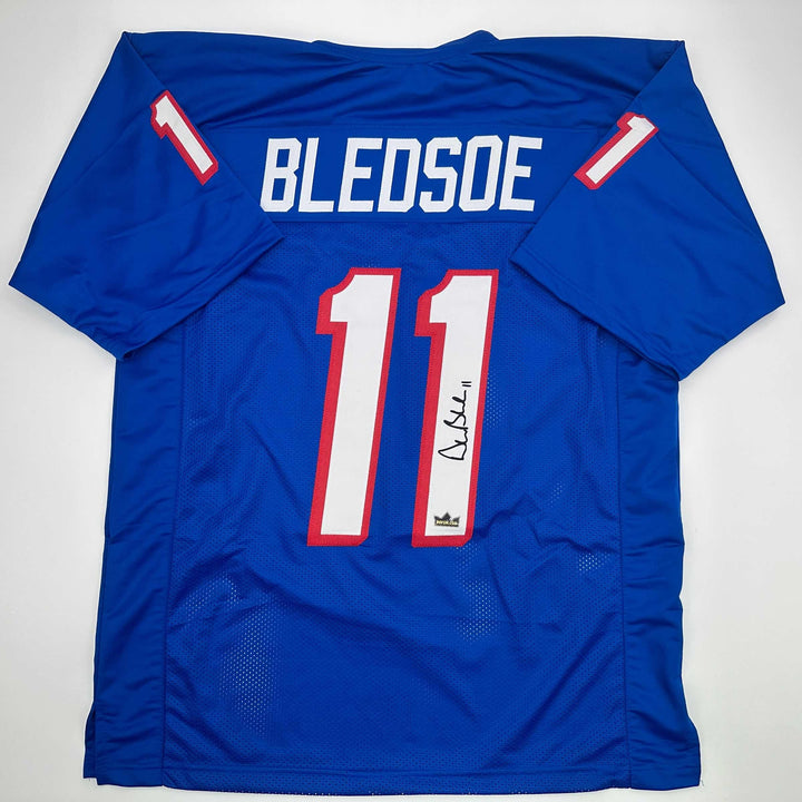 Facsimile Autographed Drew Bledsoe New England Blue Reprint Jersey Size Men's XL