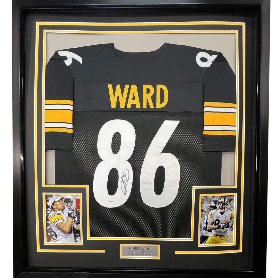 FRAMED Autographed/Signed HINES WARD 33x42 Pittsburgh Black Jersey JSA COA Auto