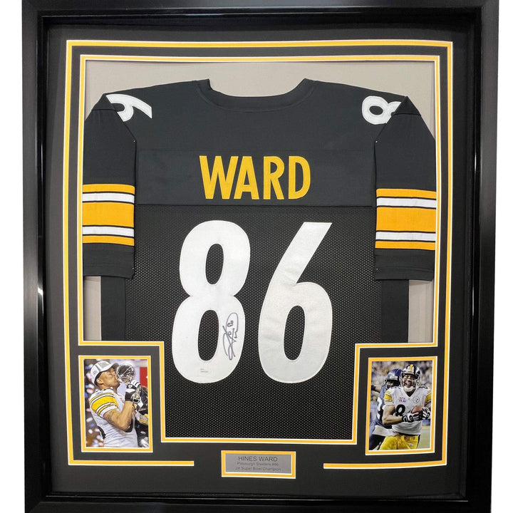 FRAMED Autographed/Signed HINES WARD 33x42 Pittsburgh Black Jersey JSA COA Auto