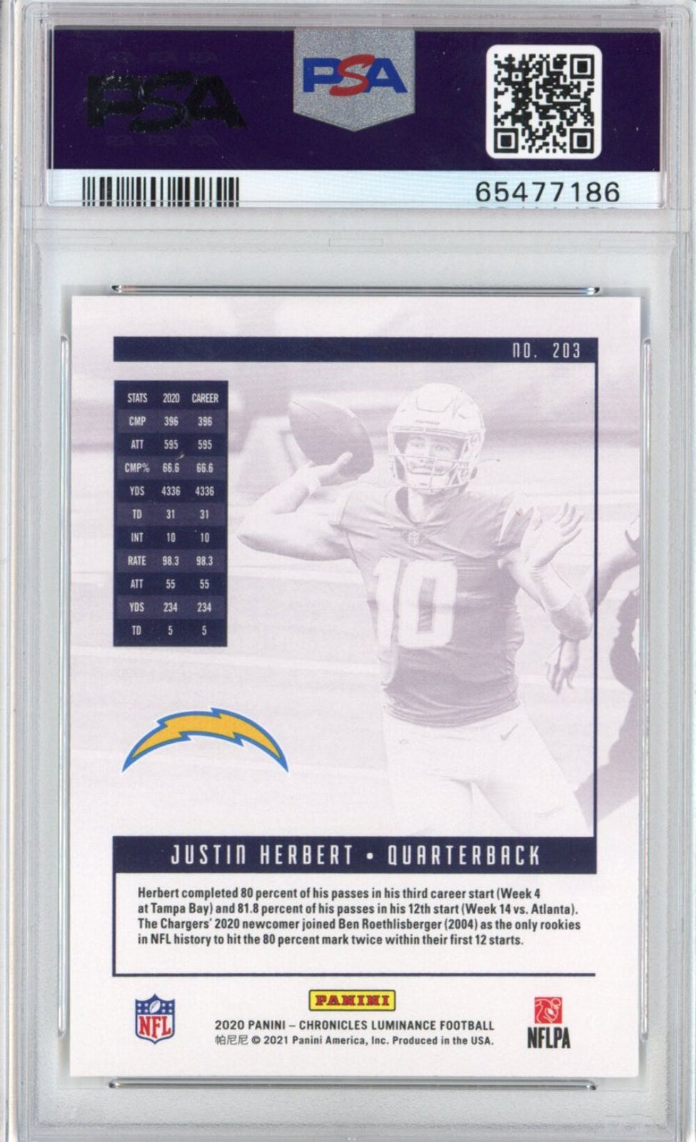 Graded 2020 Panini Chronicles Justin Herbert #203 Luminance Rookie RC Football C