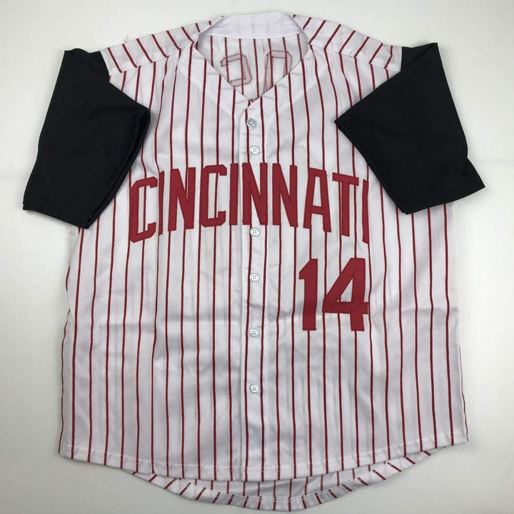 Autographed/Signed PETE ROSE Cincinnati Pinstripe Jersey JSA COA Auto