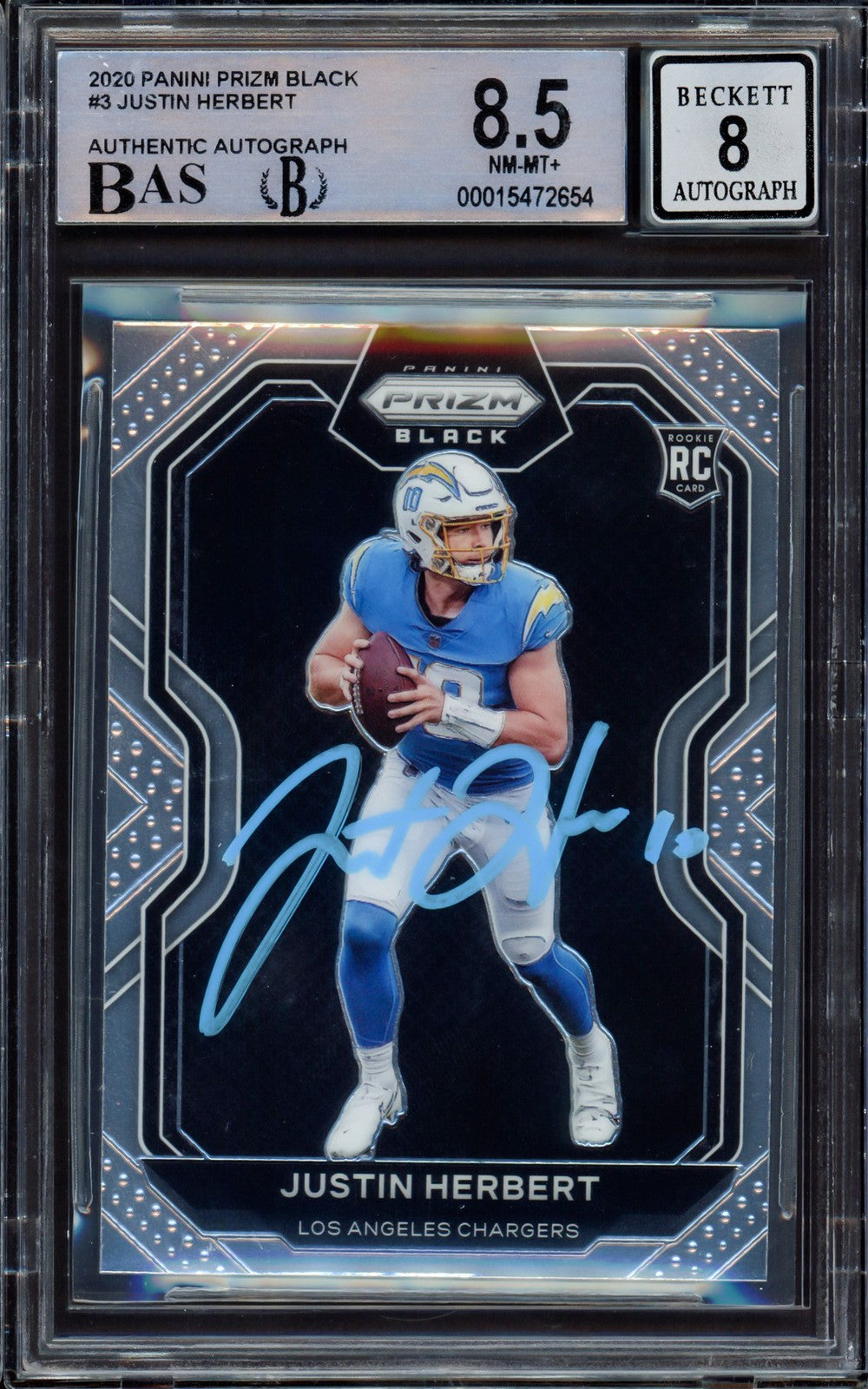 Justin Herbert Auto 2020 Panini Prizm Black RC 3 Chargers BGS 8.5 Sig 8 Beckett