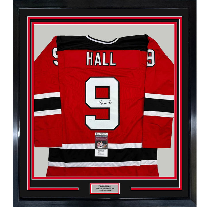Framed Autographed/Signed Taylor Hall 35x39 New Jersey Red Jersey JSA COA
