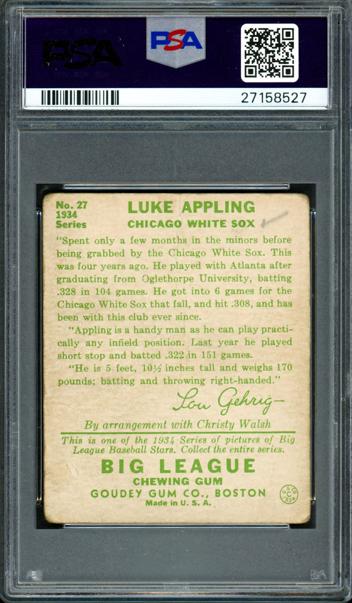Luke Appling Signed 1934 Goudey RC 27 PSA 1 Auto Mint 9 PSA/DNA 27158527