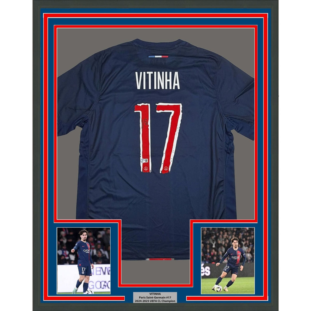 Framed Autographed/Signed Vitinha 35x39 PSG Blue Jersey Beckett BAS COA