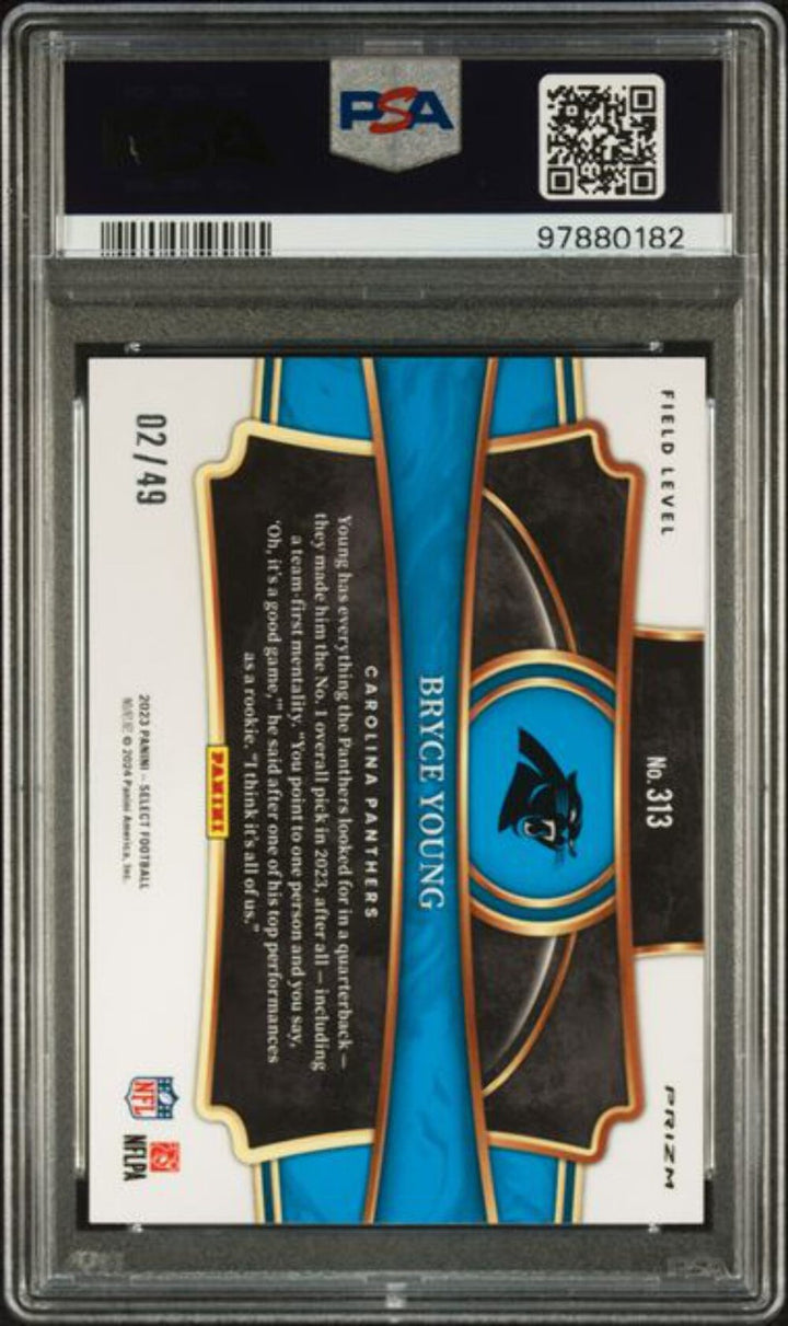 Graded 2023 Panini Select Bryce Young #313 /49 Blue Prizm Rookie RC Card PSA 10