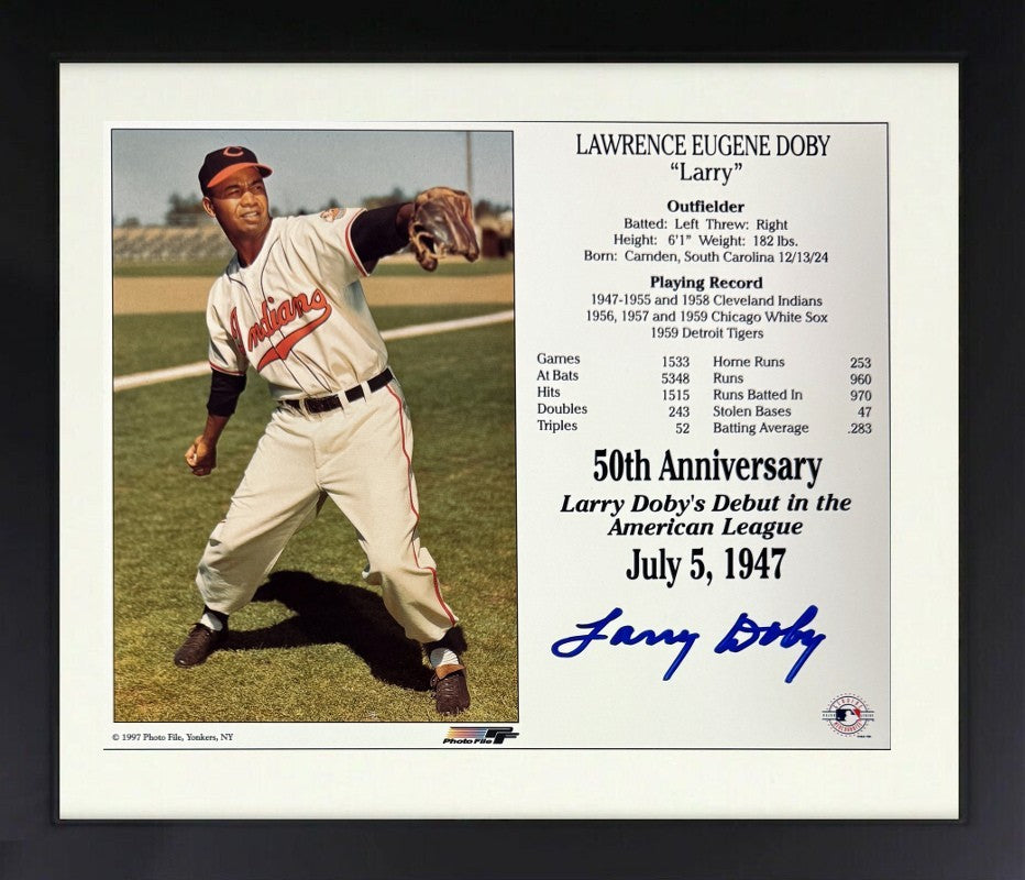 Larry Doby signed Cleveland MLB 50th Anniversary 8x10 Photo/Card Framed- COA/HOF